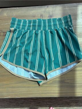 DSG Green Striped Athletic Shorts with Tan Trim